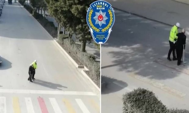 Trafik polisinden yaşlı adama yürekleri ısıtan hareket...